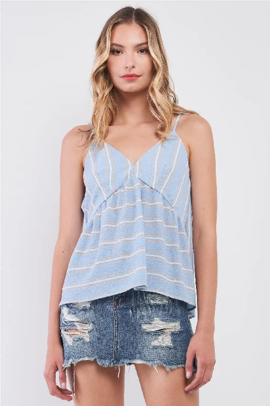 Sky Blue & White Striped V-Neck Sleeveless Back Wrap Self-Tie String Top /1-3-2VNeckTopZen