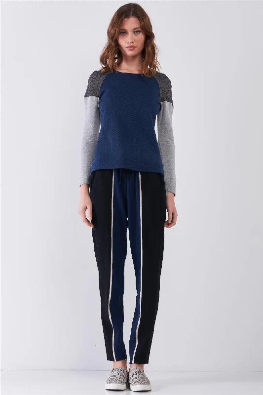 Pegged PantsBlack & Navy Colorblock High-Waisted Self-Tie Waistline Side Pockets Chinos Pants /1-2-2-1