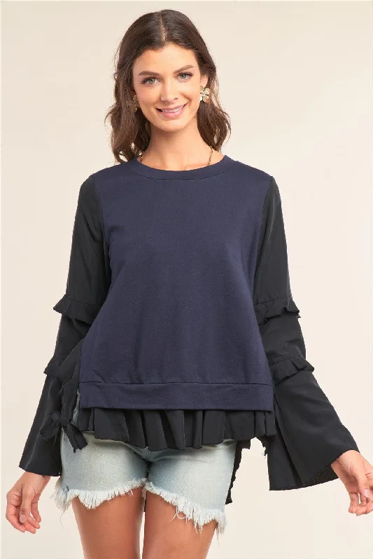 Black&Blue Asymmetrical Mixed Crew Neck Long Sleeve Ruffle Trim Self-Tie Detail Flare Bottom Top /1-2-2-1