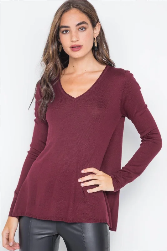 Burgundy Knit Casual V-Neck Solid SweaterVNeckTopAura