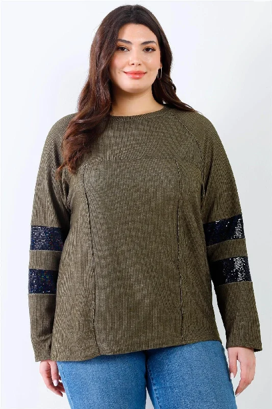 Junior Plus Olive Ribbed Sequin Detail Long Sleeve Top /1-2-2