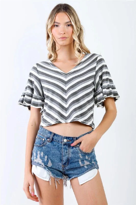 Grey Multi Color Stripe Ribbed Ruffle Short Sleeve V-Neck Crop Top /2-3-1VNeckTopPirate