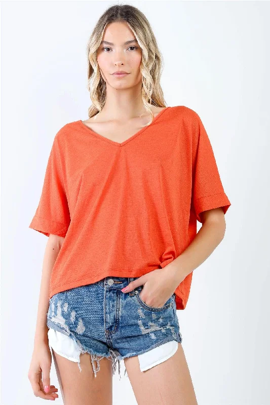 Orange Textured V-Neck Relaxed Short Sleeve Top /3-2-1VNeckTopSphinx