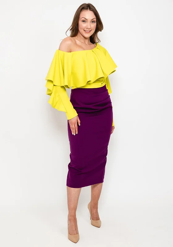 Kevan Jon Oleanna Frill Neckline Midi One-Shoulder Dress, Lime & PurpleOffice Dress