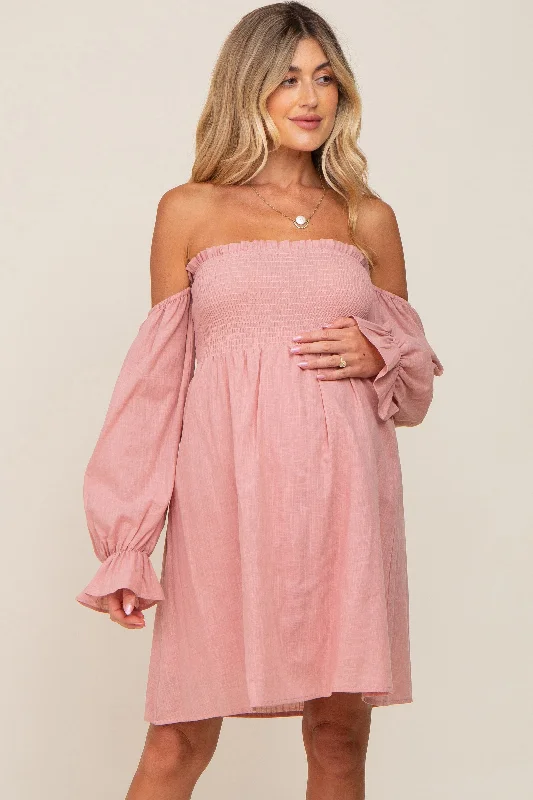 Pink Smocked Off Shoulder Long Sleeve Maternity Dress