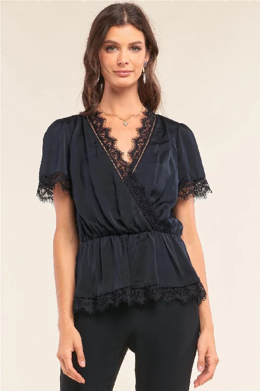 Black Satin Wrap Deep Plunge V-Neck Lace Hem Detail Flare Top /1-2-2-1VNeckTopPegasus