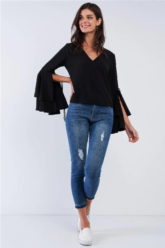 Jet Black V-Neck Long Bluebell Slit Draw String Tie Double Frill Sleeve Top /2-2-1-1VNeckTopWave