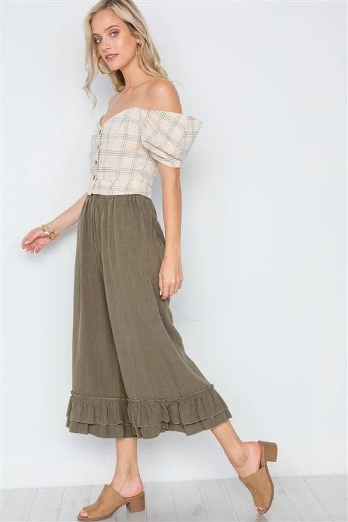 OverallsOlive High-Waist Ruffle Hem Wide Leg Boho Pants /3-1-1