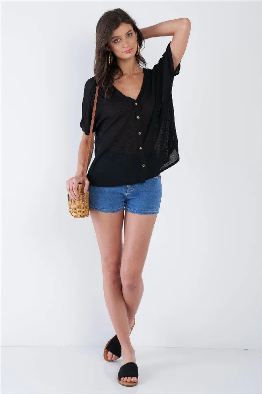 Black Relaxed Fit V-neck Front Button Down Top /1-1-1VNeckTopSteel