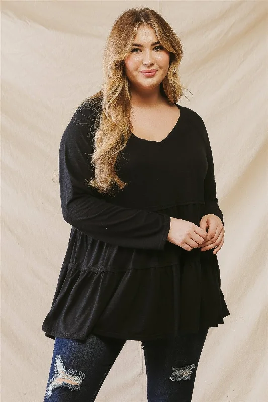 Junior Plus Black Flare Hem V-Neck Long Sleeve Top /3-2-1