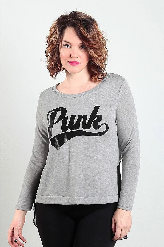 Grey "PUNK" Graphic Plus Size Long Sleeves Sheer Back Top /2-2-2