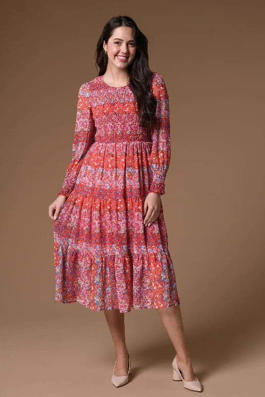 Elastic Detail Red Print DressKnitted Floral