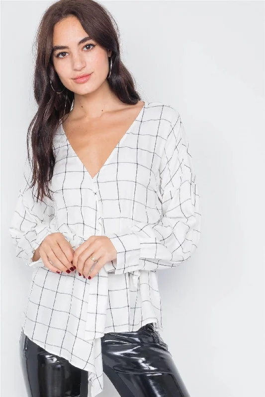 White & Black Stripe Plaid Drop-Shoulder V-Neck Top /3-2-1VNeckTopUltra