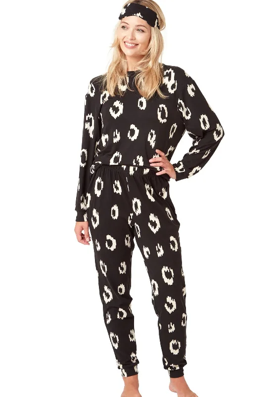 Indigo Sky Animal Print Soft Knitted Pyjama & Eyemask Set, Black