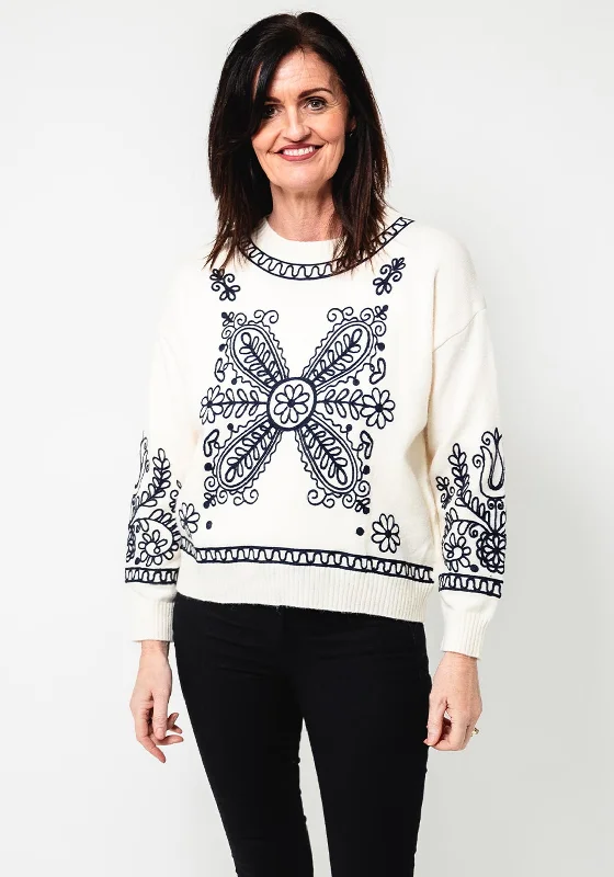 Serafina Collection One Size Floral Stitch Jumper, BeigeKnit Sweater