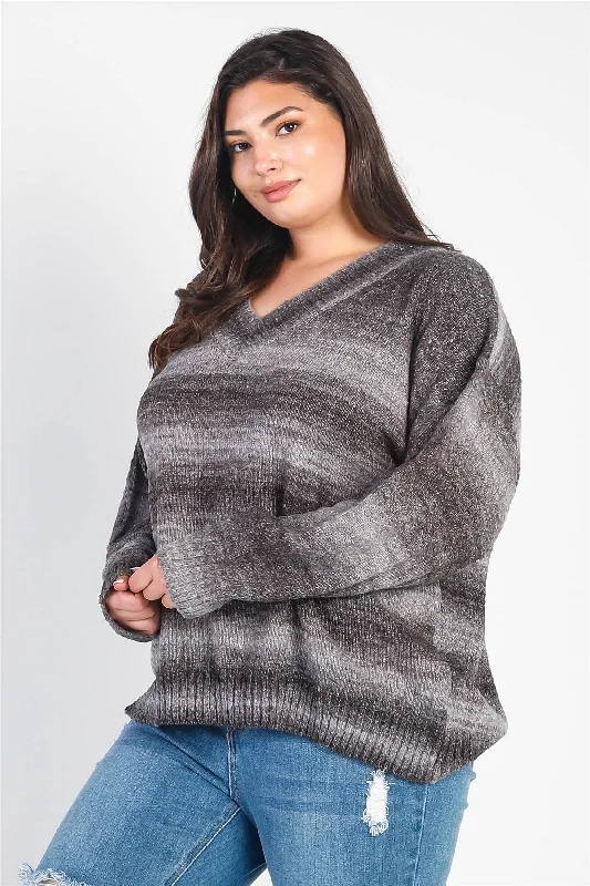 Junior Plus Grey & Black Gradient Knit V-Neck Sweater /3-2-1VNeckTopLite