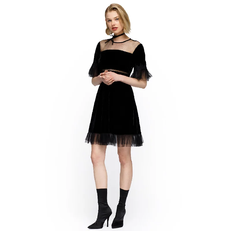 Women's Mesh Contrast Velvet Dress In BlackEvening Dress