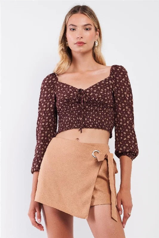 Brown & Taupe Floral Print V-Neck 3/4 Balloon Sleeve Smocked Cropped Top /3-2-1VNeckTopVortex