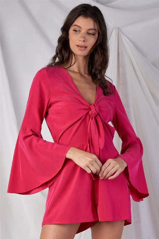 Raspberry Pink Relaxed Fit Front Knot Tie Up V-Neck Bluebell Midi Sleeve Romper /1-2-2-1VNeckTopAmber