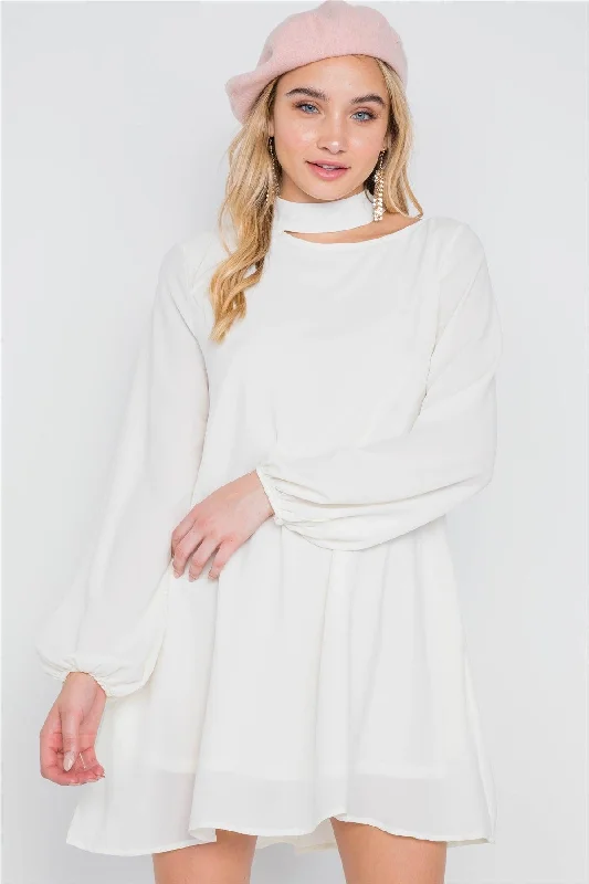 Off White Cut-Out Neck Solid Long Sleeve Dress