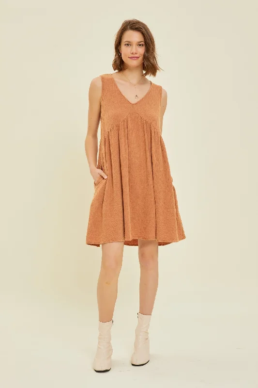 Rust Mineral-Washed Gauze V-Neck Flare MiniVNeckTopTerra