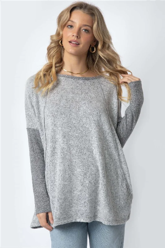 Heather Grey  Long Sleeve Round Neck Two Pocket Side Top /1-1-1