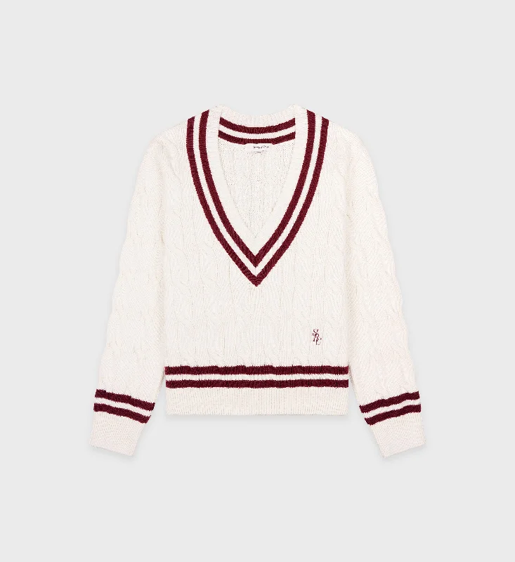 SRC Cableknit V-Neck Sweater - Off White/MerlotKnit Fitted