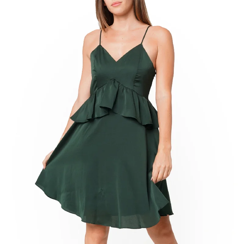 Women's Deep V-neck Ruffle Baby Doll Dress In Hunter GreenTulle Dress