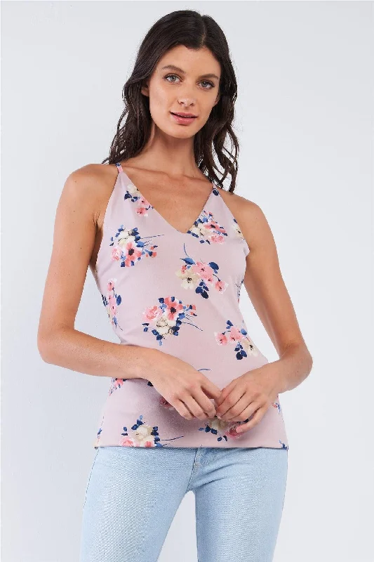 Lavender Multicolor Floral Sleeveless V-Neck Halter Tie Criss-Cross Strap Open Back Top /1-2-2-1VNeckTopFlex