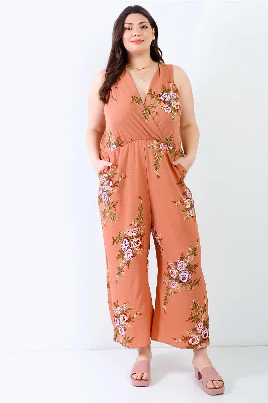 Junior Plus Caramel Flower Print Wrap V-Neck Back Self-Tie Detail Sleeveless Jumpsuit /2-2-2VNeckTopIron