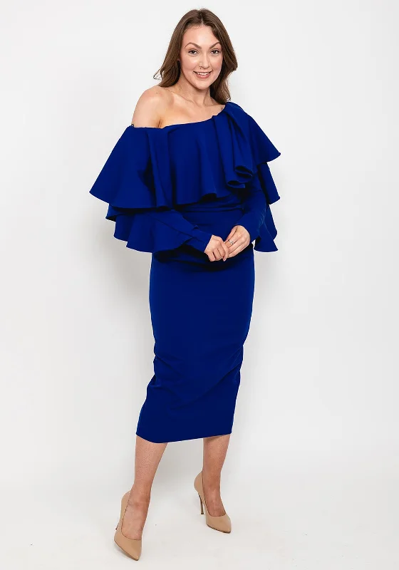 Kevan Jon Oleanna Frill Neckline Midi One-Shoulder Dress, Cobalt BlueGala Dress