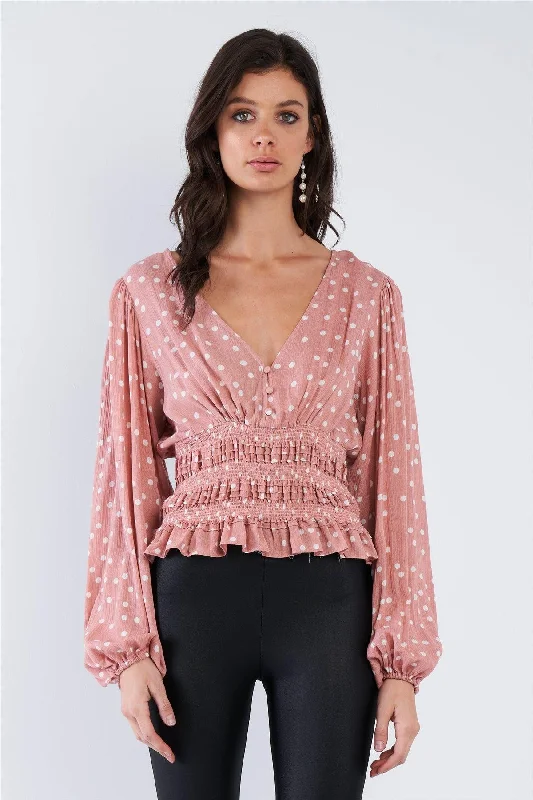 Dusty Peach Pink & White Frill Hem V-Neck Full Puff Sleeve Top /3-2-1VNeckTopEcho