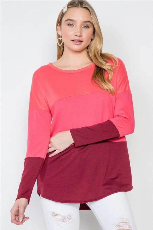 Coral Red Colorblock Long Sleeve Sweater /2-1-2