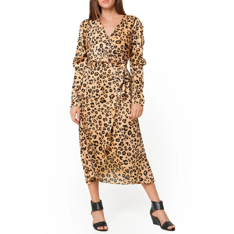 Women's Print Puffy Shoulder Dress in Brown LeopardPlaid Dress