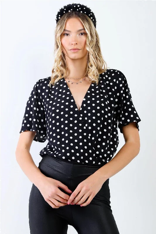 Black & White Polka Dot Front Wrap V-Neck Short Sleeve Bodysuit /1-3-2VNeckTopApex