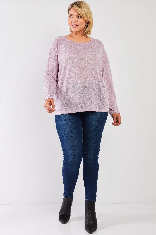 Junior Plus Blush-Lavender Round Neck Lightweight Knit Long Sleeve Top /3-2-1