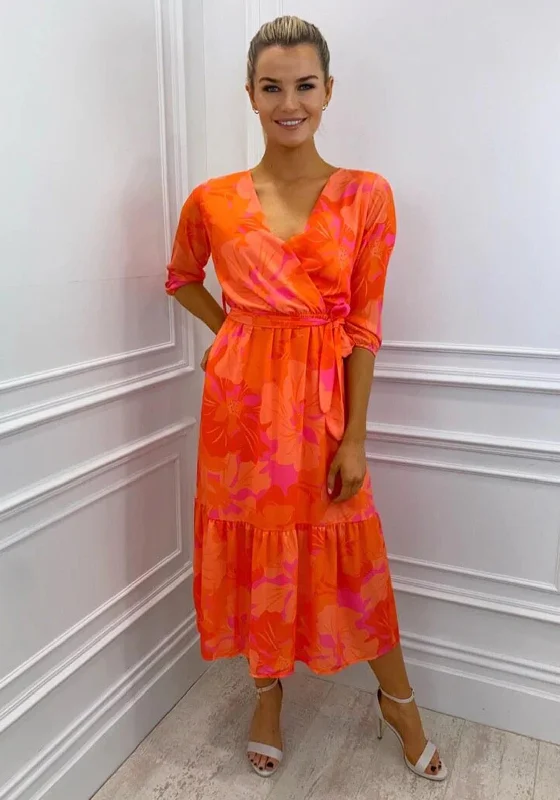 Kate & Pippa Boho Tropical Print Midi Dress, Orange & PinkSchool Dress