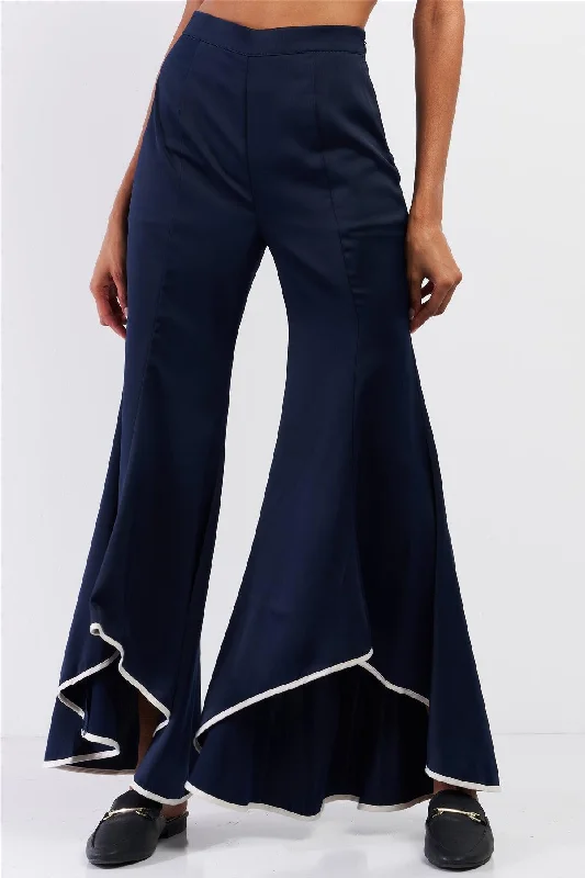 Harem PantsNavy Satin High Waisted Retro Flare Asymmetrical White Detail Hem Pants /3-3