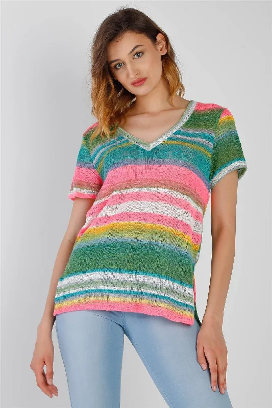 Multi Color Stripe Knit V-Neck Top /1-1-1VNeckTopBlaze