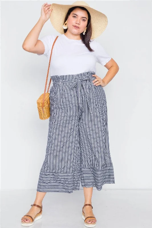 Fishing PantsPlus Size Navy & White Stripes Gaucho Wide Leg Pants /3-2-1