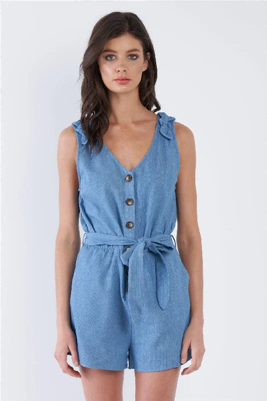 Indigo Blue Cotton V-Neck Front Button Short Romper /2-2-2VNeckTopCrystal