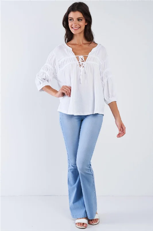 White Boho Chic Mid Arm Sleeve V-Neck Front Tie Loose Fit Top /3-2-1VNeckTopRise