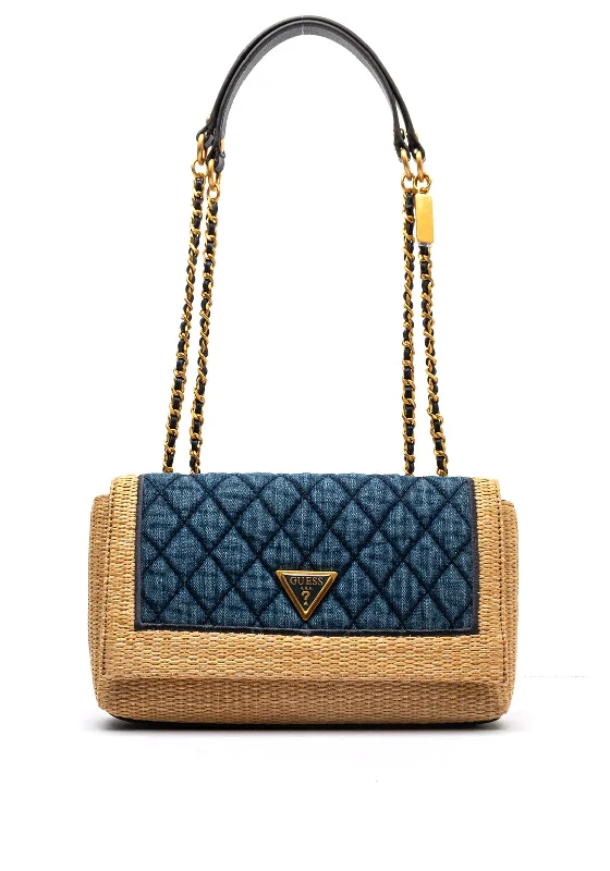 Denim with high heelsGuess Delfa Quilted Raffia Crossbody Bag, Natural/Denim