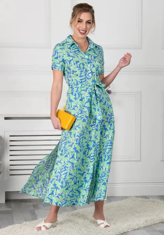 Jolie Moi Viera Leaf Print Maxi Dress, Green & BlueVintage Dress