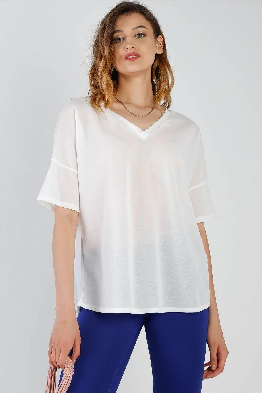 White V-Neck Short Sleeve Relaxed Top /1-1-1VNeckTopWave