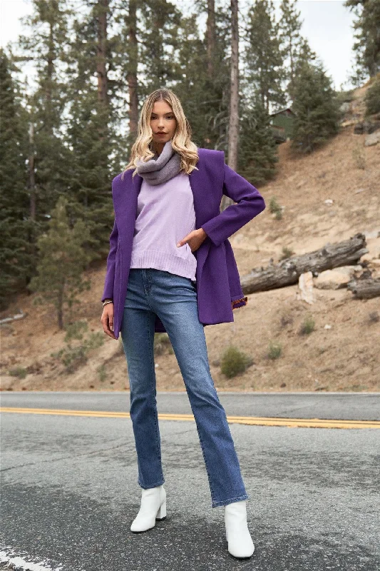 Purple Oversized Collar Long Sleeve Self-Belt Buckles Short Coat