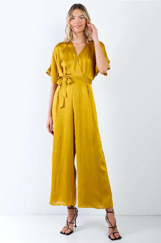 Yellow Dolman Sleeve V-Neck Satin JumpsuitVNeckTopKraken