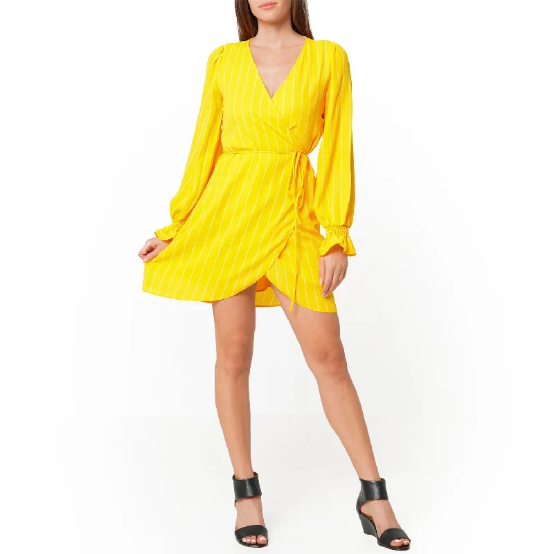 Women's Smocked Bell Sleeve Wrap Dress in YellowSheer Dress