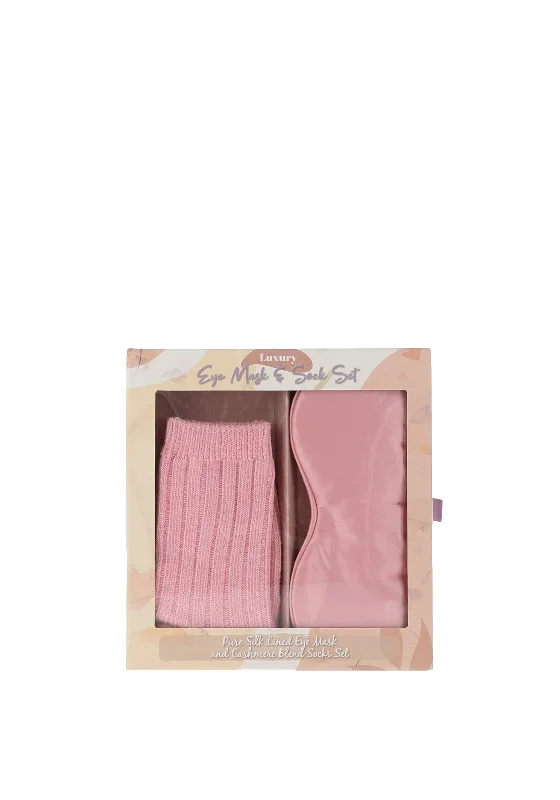 Brandwell Pure Silk Lined Eye Mask and Cashmere Blend Sock Set, Dusty Pink