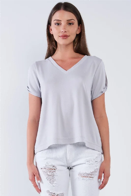 Light Grey Loose Fit V-Neck Peek-A-Boo Shoulder Top /1-3-2-1VNeckTopJade